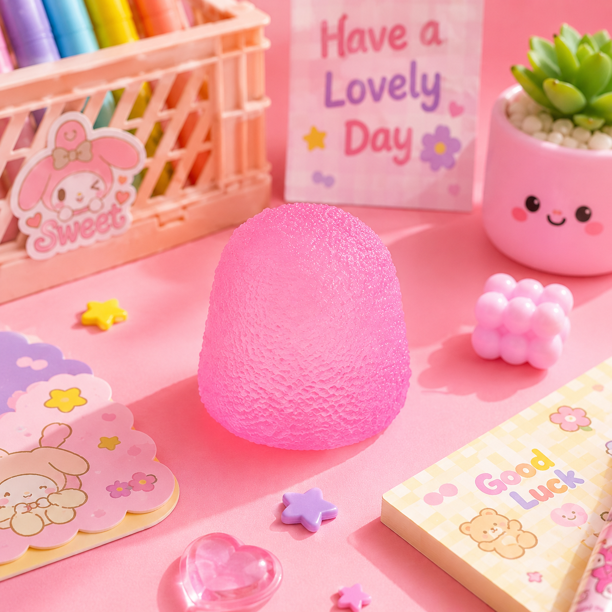 Pink textured ball on a pink surface with stationery items and a 'Have a Lovely Day' card.