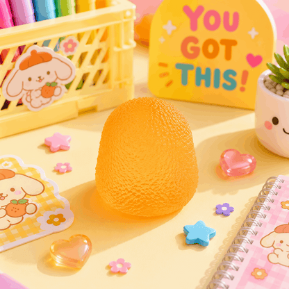 Orange stress ball on a yellow surface with decorative items and a 'You Got This!' sign.