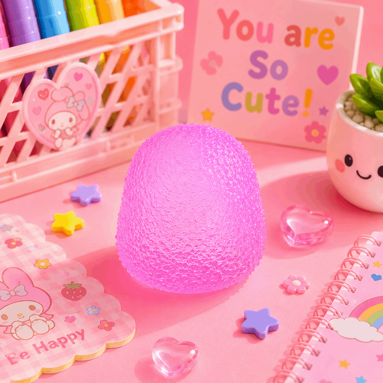 Pink textured lamp on a pink surface with stationery items and a 'You are So Cute!' sign.