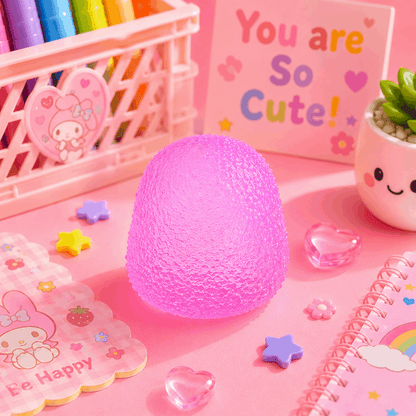 Pink textured lamp on a pink surface with stationery items and a 'You are So Cute!' sign.