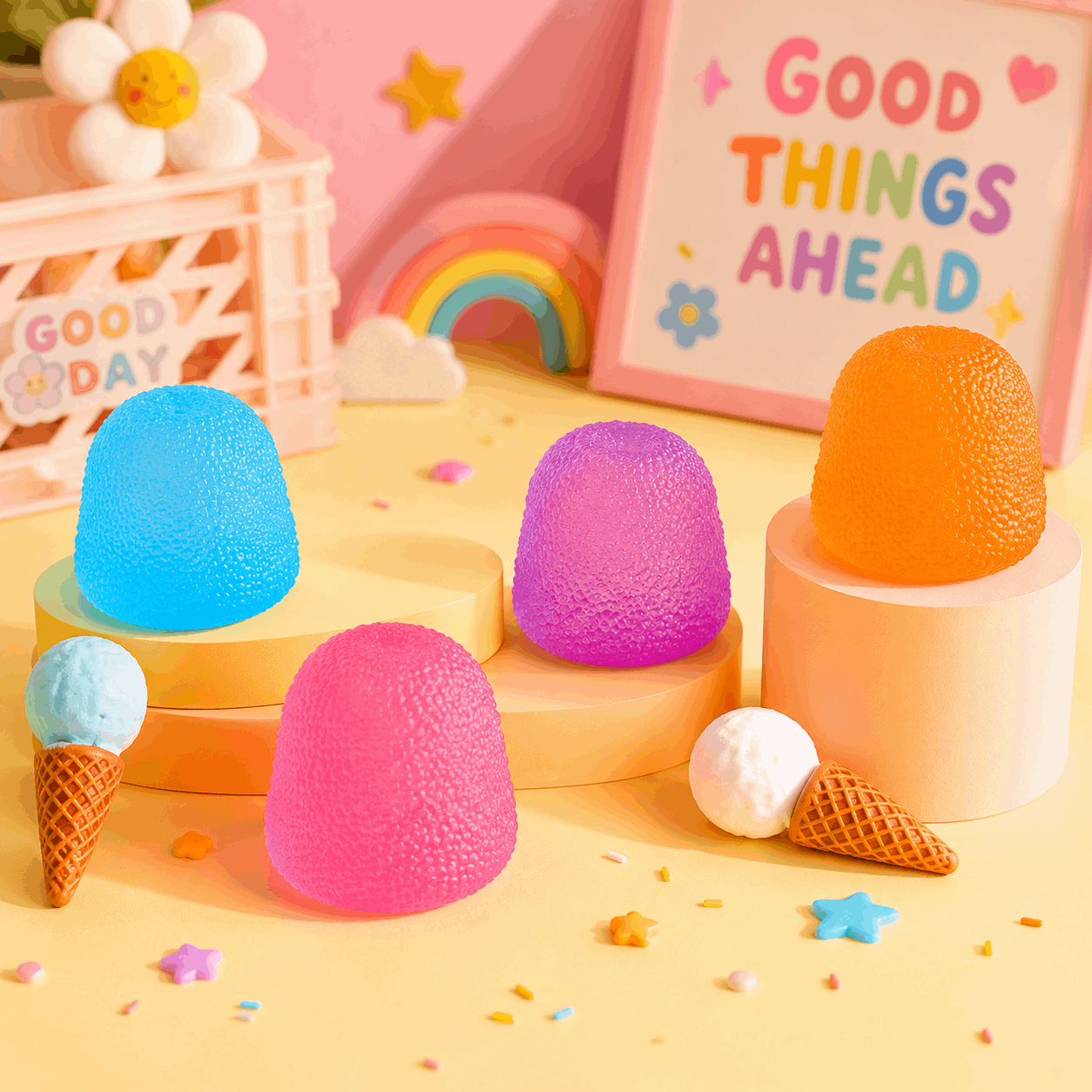 Colorful textured candles on a yellow surface with decorative elements and 'Good Things Ahead' sign.