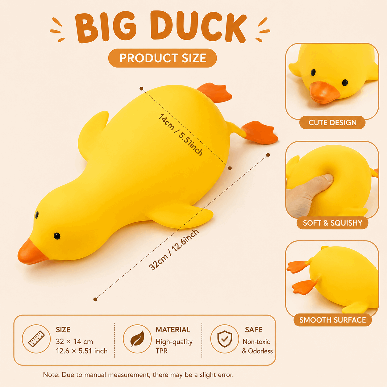 Yellow rubber duck with product size and features on a beige background
