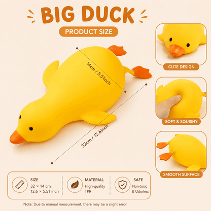 Yellow rubber duck with product size and features on a beige background