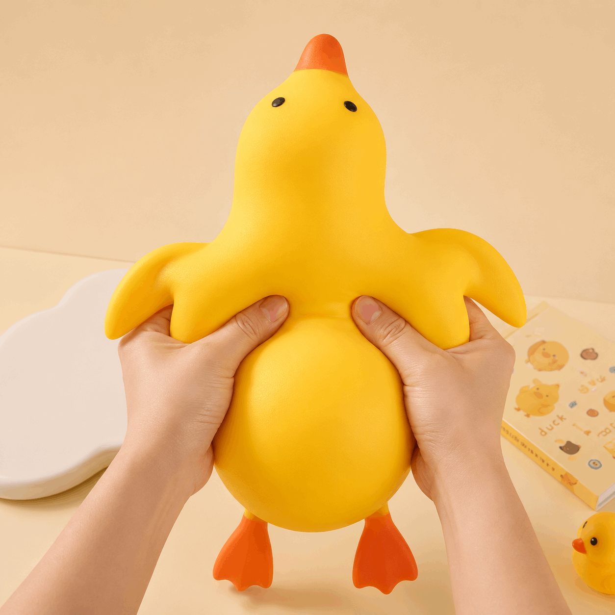 Yellow rubber duck held by hands against a beige background