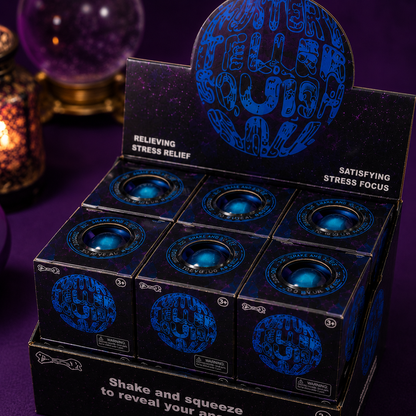 Display of stress relief balls with a branded box on a purple background