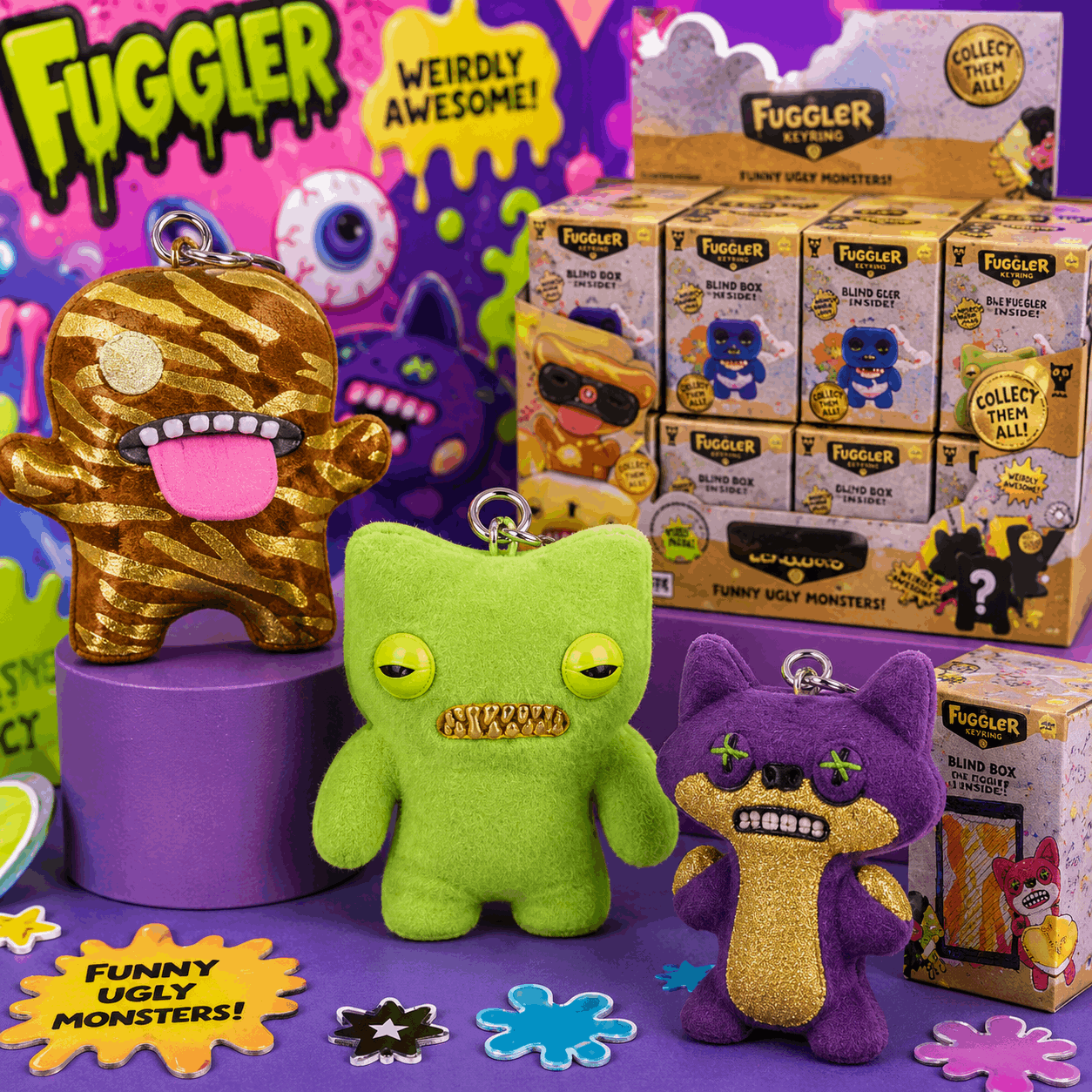 Fuggler Funny Ugly Monsters toys with packaging and promotional text on a colorful background