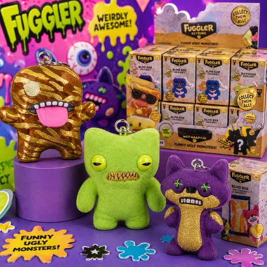 Fuggler Funny Ugly Monsters toys with packaging and promotional text on a colorful background