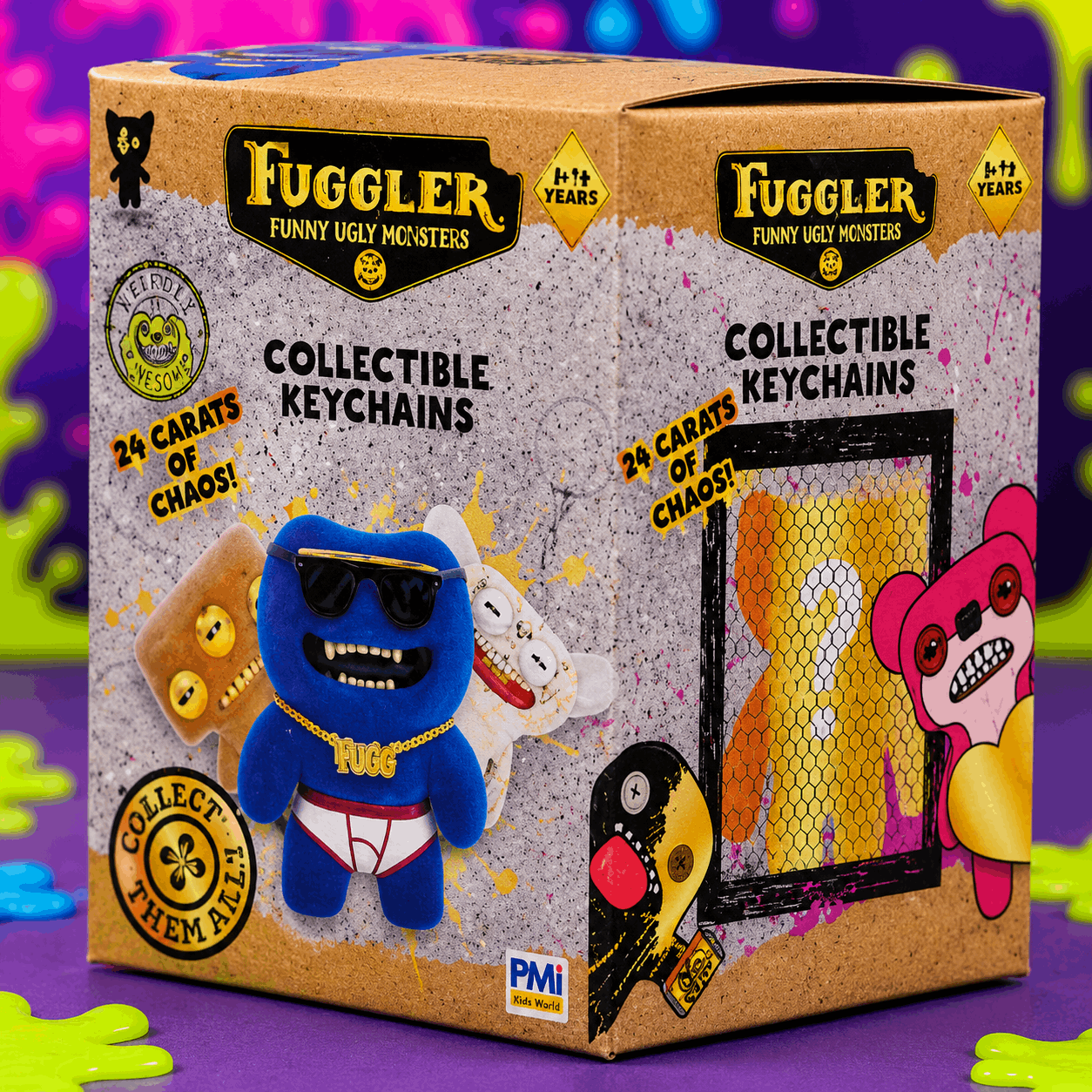 Box of Fuggler Funny Ugly Monsters collectible keychains on a colorful background