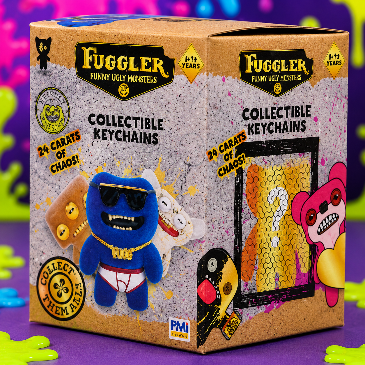 Box of Fuggler Funny Ugly Monsters collectible keychains on a colorful background