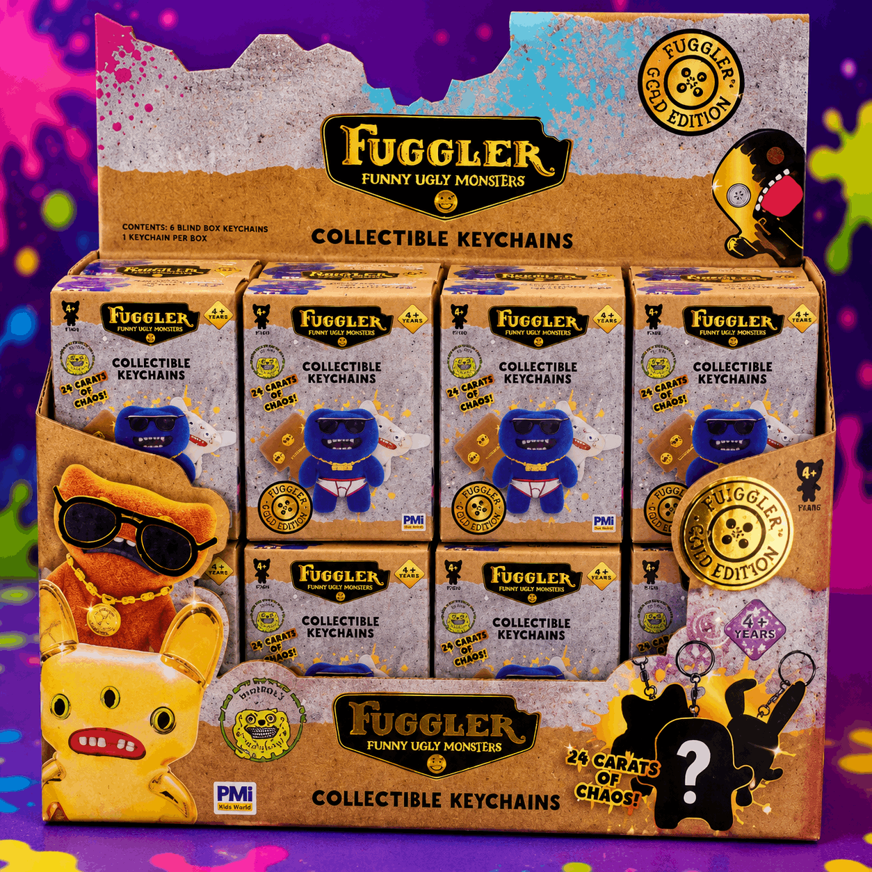 Display of Fuggler Funny Ugly Monsters collectible keychains packaging on a colorful background.