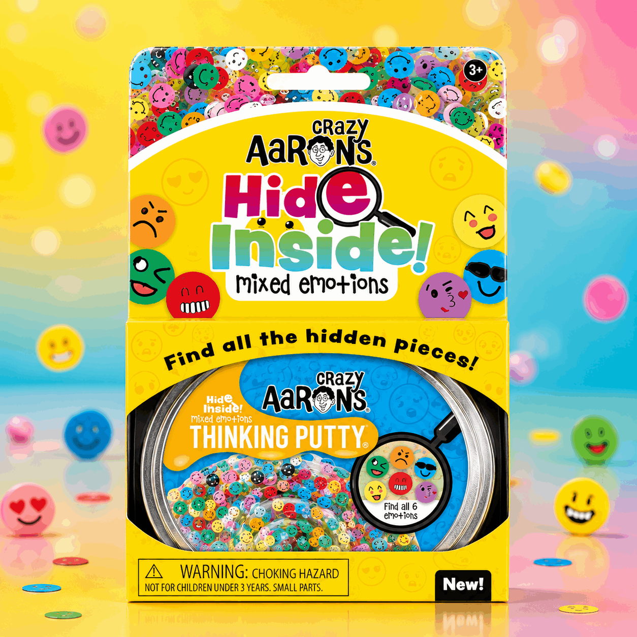Crazy Aaron's Hide Inside! Mixed Emotions toy packaging with colorful smiley faces on a multicolored background.