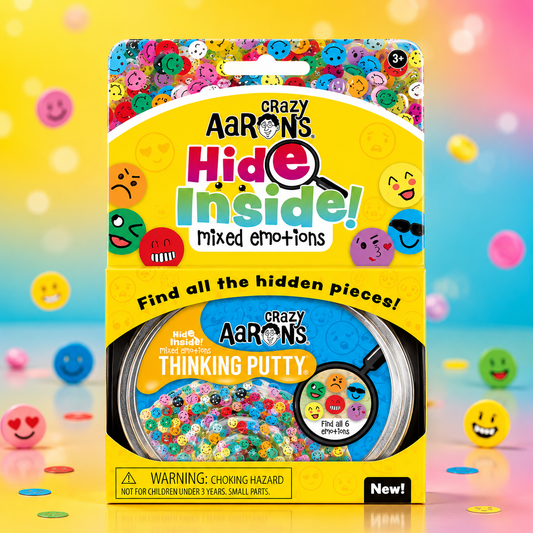 Crazy Aaron's Hide Inside! Mixed Emotions toy packaging with colorful smiley faces on a multicolored background.