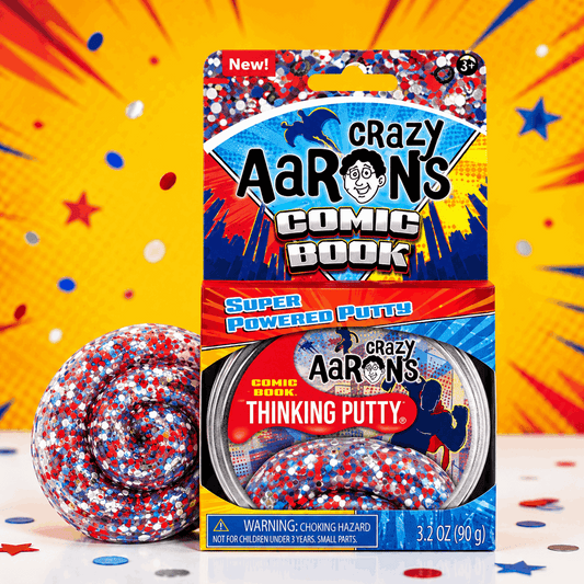 Crazy Aaron's Comic Book Thinking Putty packaging with putty on a colorful background