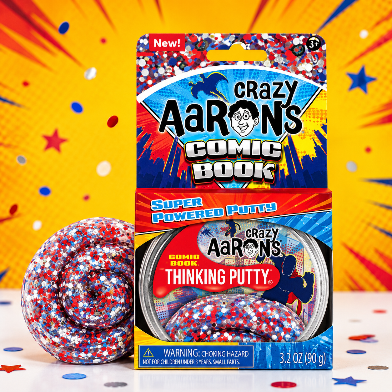 Crazy Aaron's Comic Book Thinking Putty packaging with putty on a colorful background