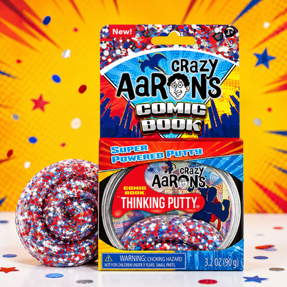 Crazy Aaron's Comic Book Thinking Putty packaging with putty on a colorful background