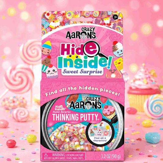 Crazy Aaron's Hide Inside Sweet Surprise packaging with colorful design and text.