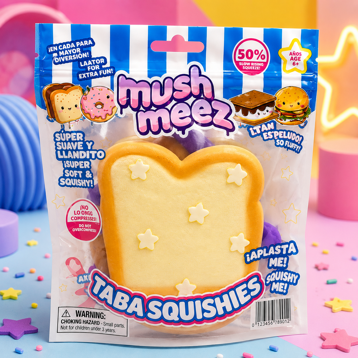 Package of mush meez Taba Squishies with a star-shaped squishy toy on a colorful background.