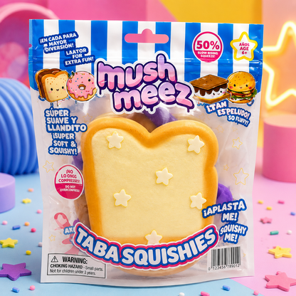 Package of mush meez Taba Squishies with a star-shaped squishy toy on a colorful background.