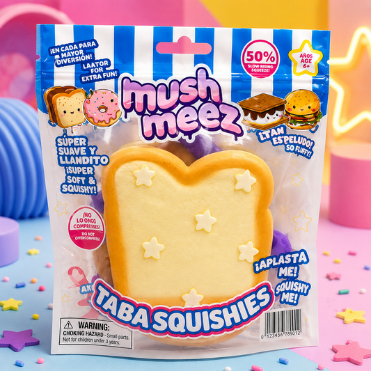 Package of mush meez Taba Squishies with a star-shaped squishy toy on a colorful background.