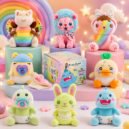 Collection of colorful plush toys with a rainbow and star-themed background