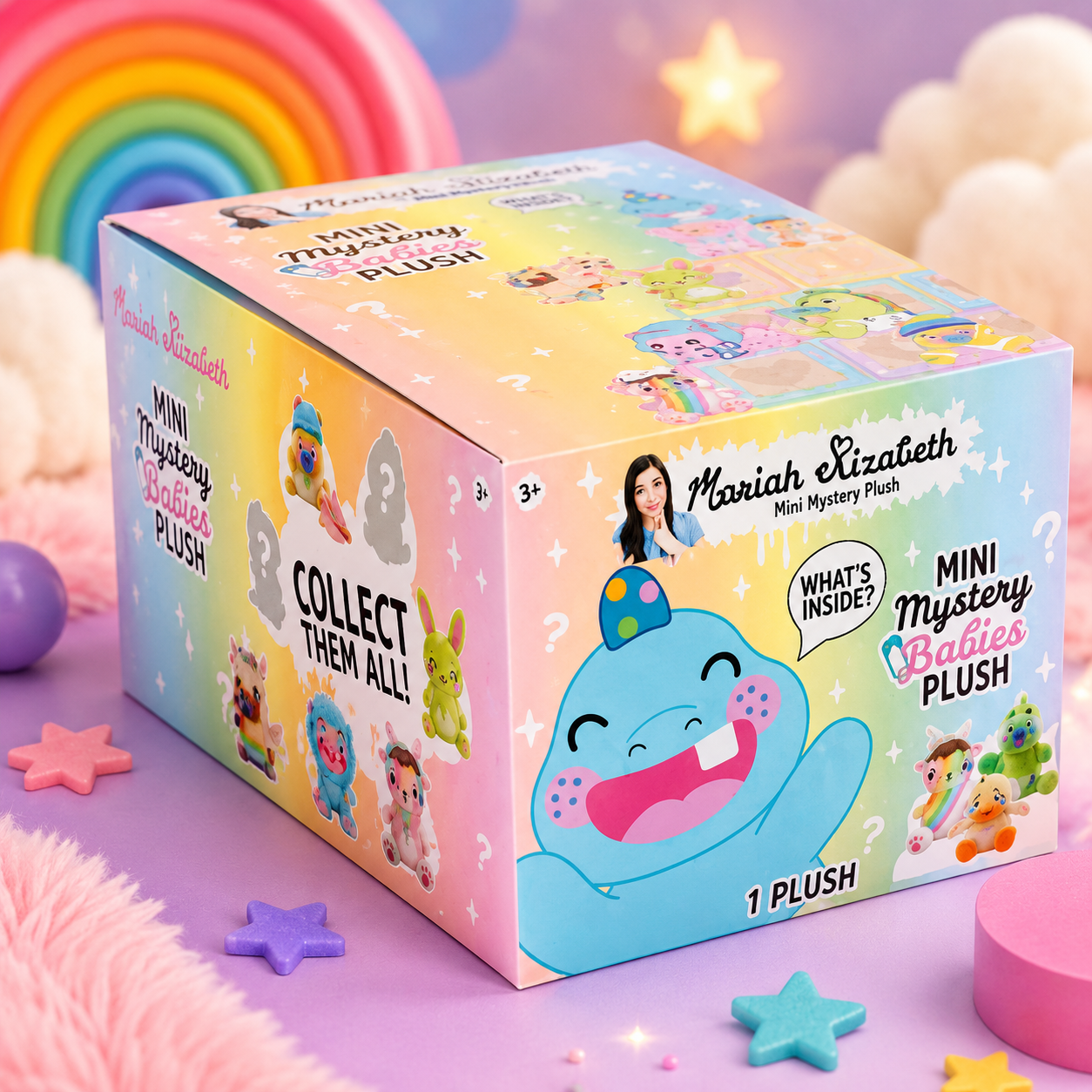 Mariah Elizabeth Mini Mystery Babies Plush toy box with colorful design and character illustration on a pastel background.