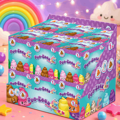 Box of Poo-Bees plush toys with colorful packaging on a pastel background