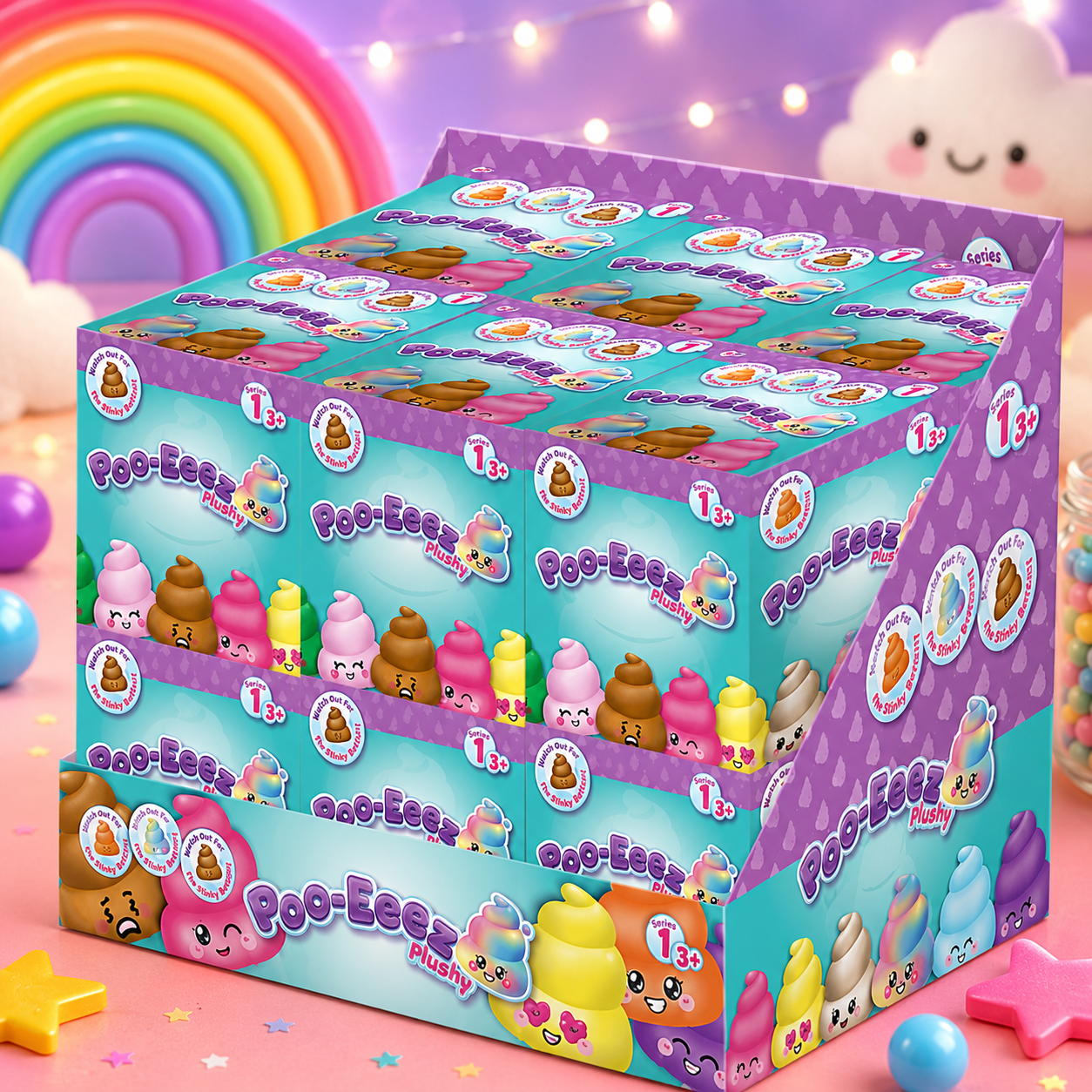 Box of Poo-Bees plush toys with colorful packaging on a pastel background