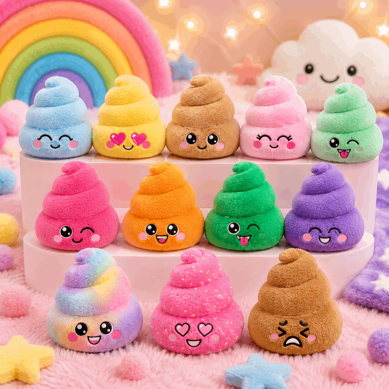 Colorful plush poop toys with smiling faces on a pink background