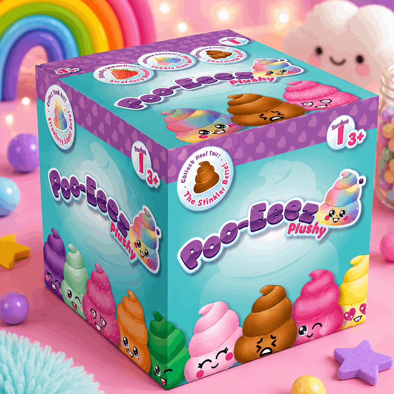 Box of Poo-Eez Plushy toys with colorful packaging on a pastel background