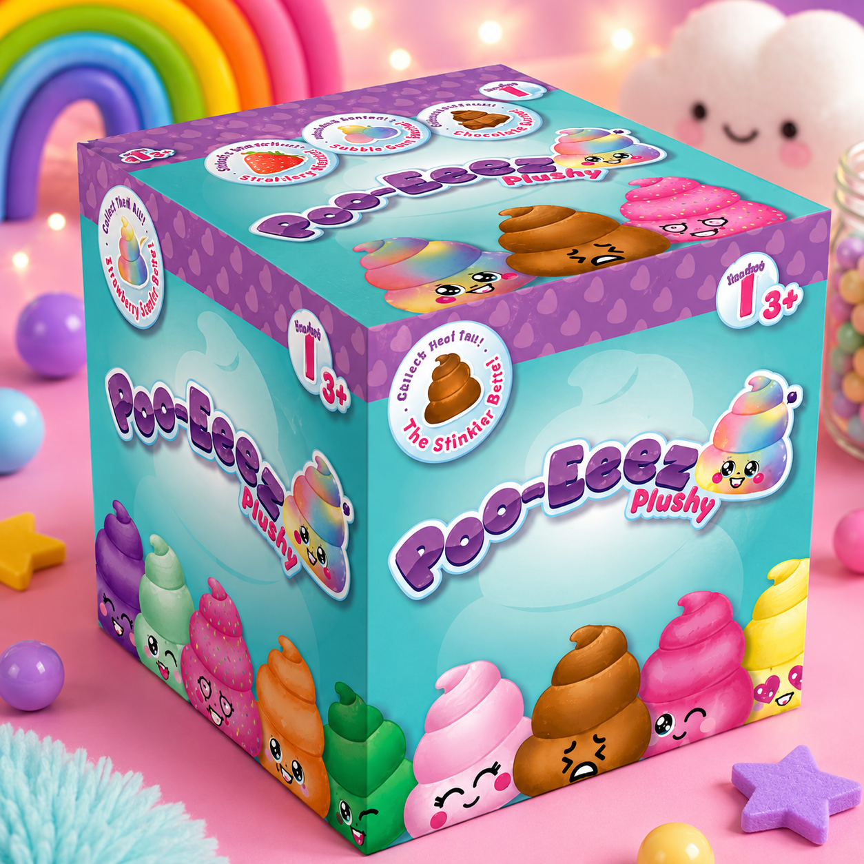 Box of Poo-Eez Plushy toys with colorful packaging on a pastel background