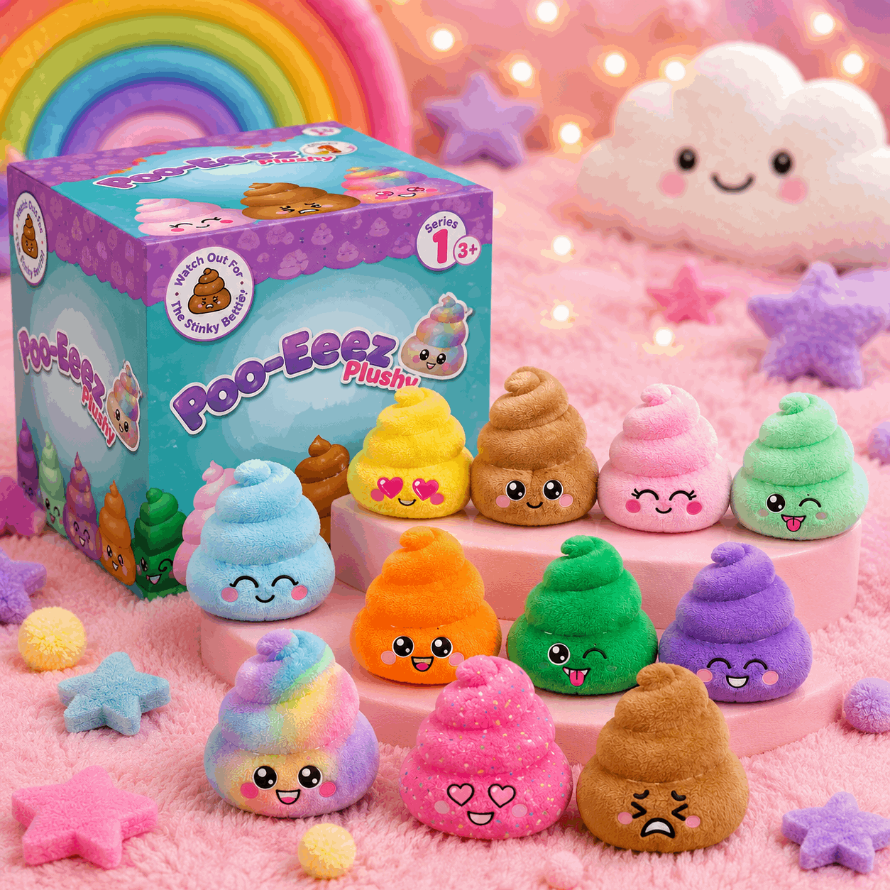Poo-Eez plush toys with their packaging on a pink surface with decorative lights and stars.