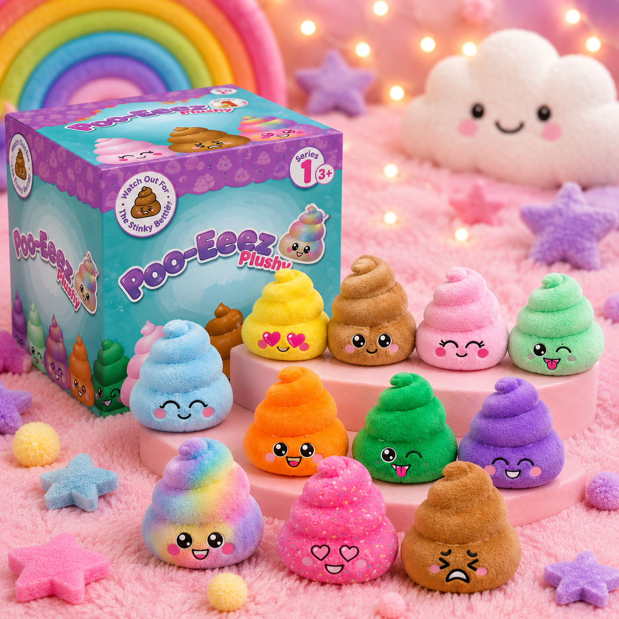 Poo-Eez plush toys with their packaging on a pink surface with decorative lights and stars.