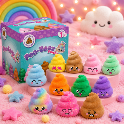 Poo-Eez plush toys with their packaging on a pink surface with decorative lights and stars.