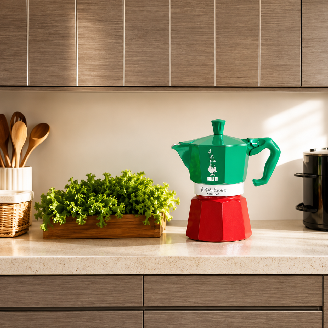 Green and red coffee maker on a kitchen counter with plants and utensils.