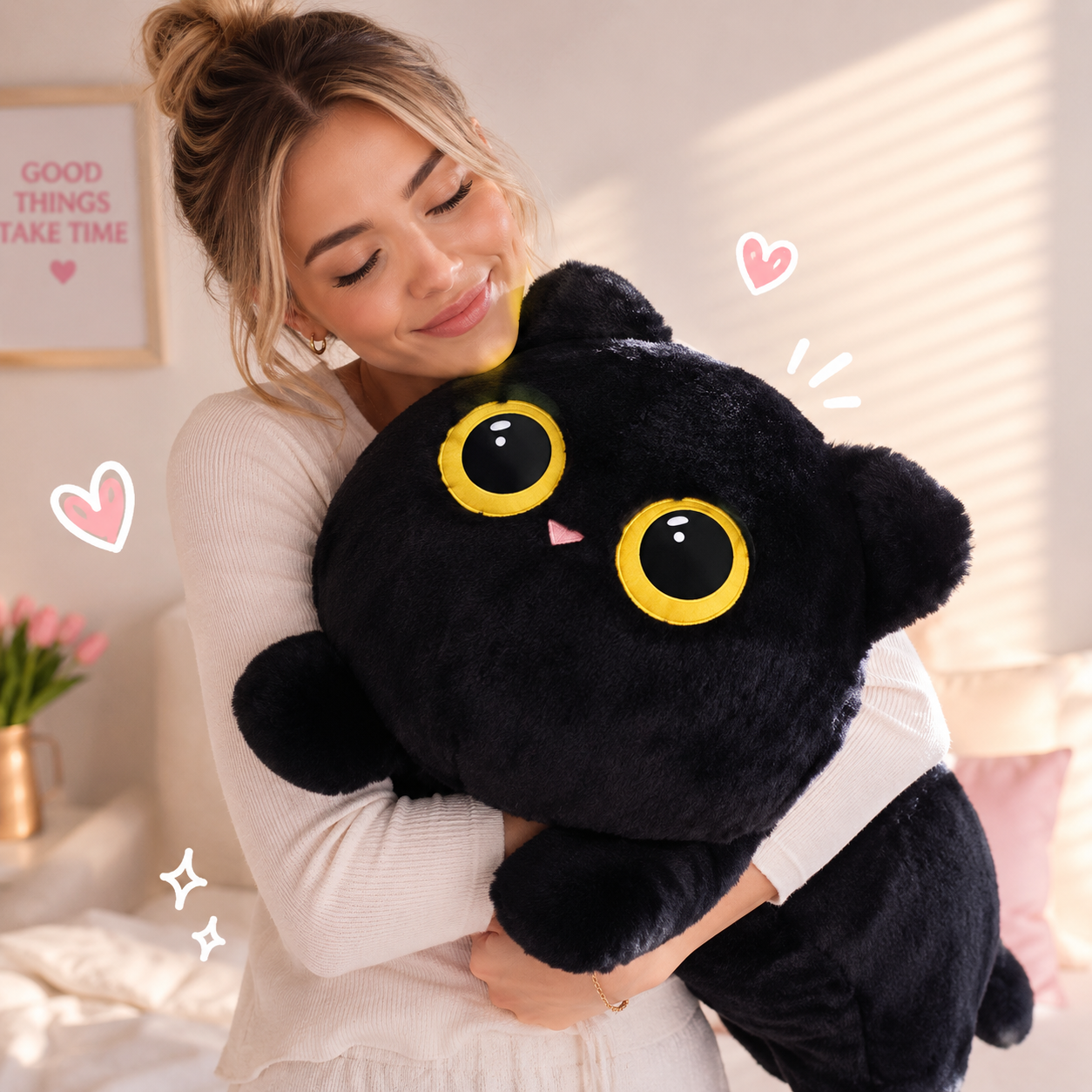 A woman in a cream ribbed long-sleeve top is hugging a large, round black plush cat toy with oversized yellow-rimmed eyes and a small pink nose. The photo is taken in a brightly lit bedroom with soft window blinds, a framed 'GOOD THINGS TAKE TIME' print on the wall, and a small potted pink flower on a side table.