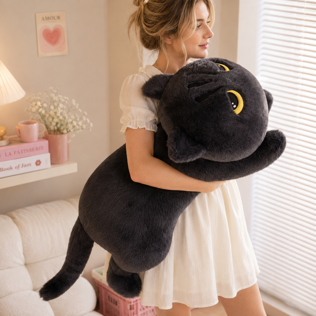 woman holding oversized grey cat stuffed animal