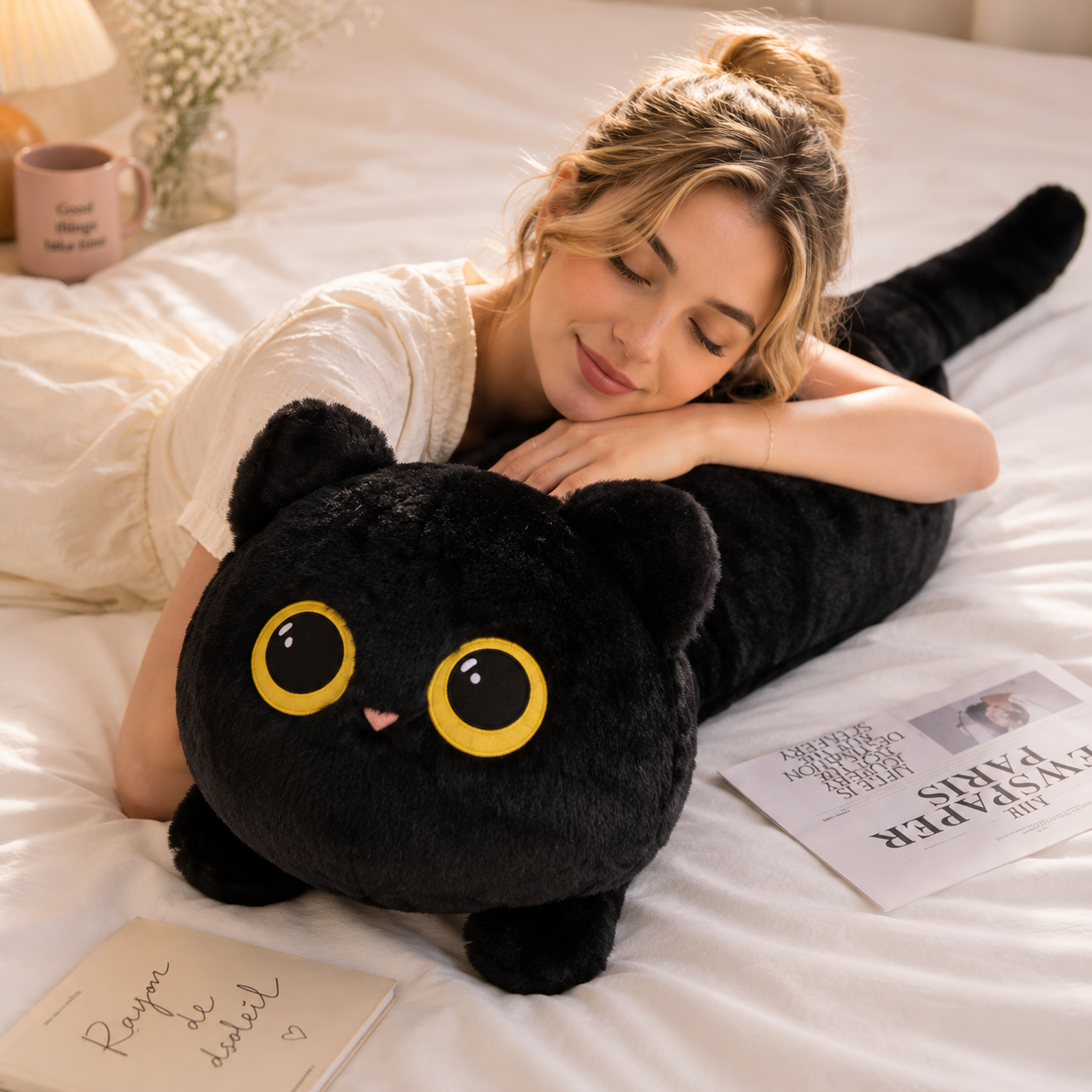 A woman lying on a white bed with a large black cat plush toy in front of her. The plush cat has yellow-rimmed eyes and a small pink nose.
