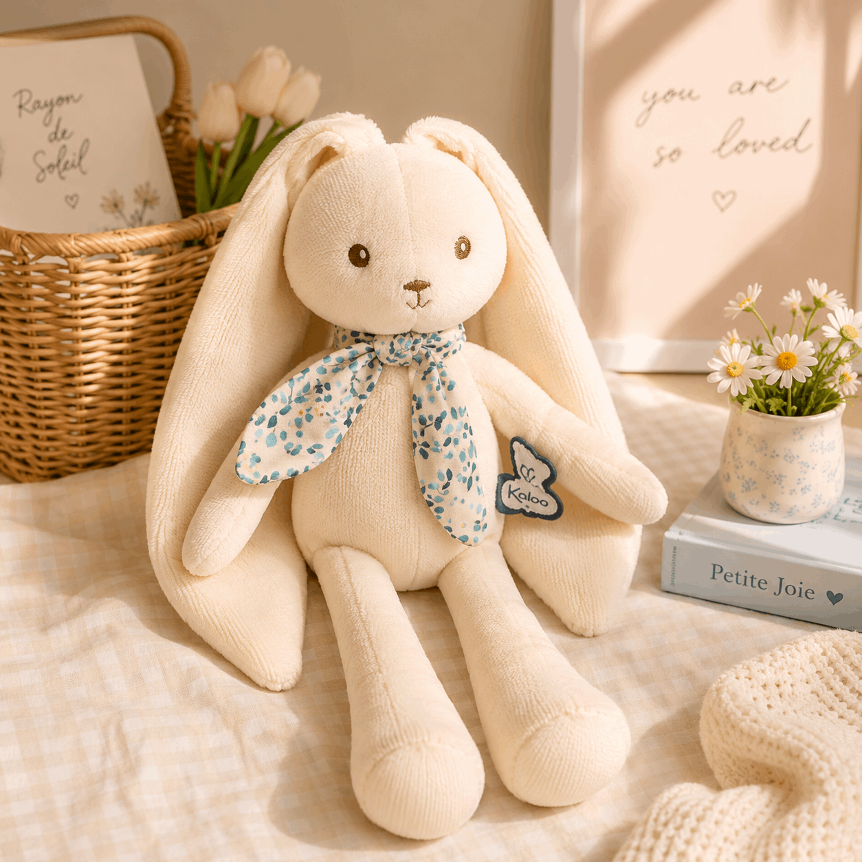 Cream-colored plush bunny toy with long floppy ears and a blue floral bow, styled on a beige checkered blanket with a wicker basket, flowers, and a framed print in the background.