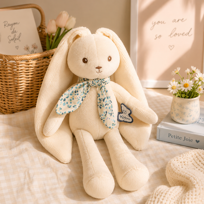 Cream-colored plush bunny toy with long floppy ears and a blue floral bow, styled on a beige checkered blanket with a wicker basket, flowers, and a framed print in the background.