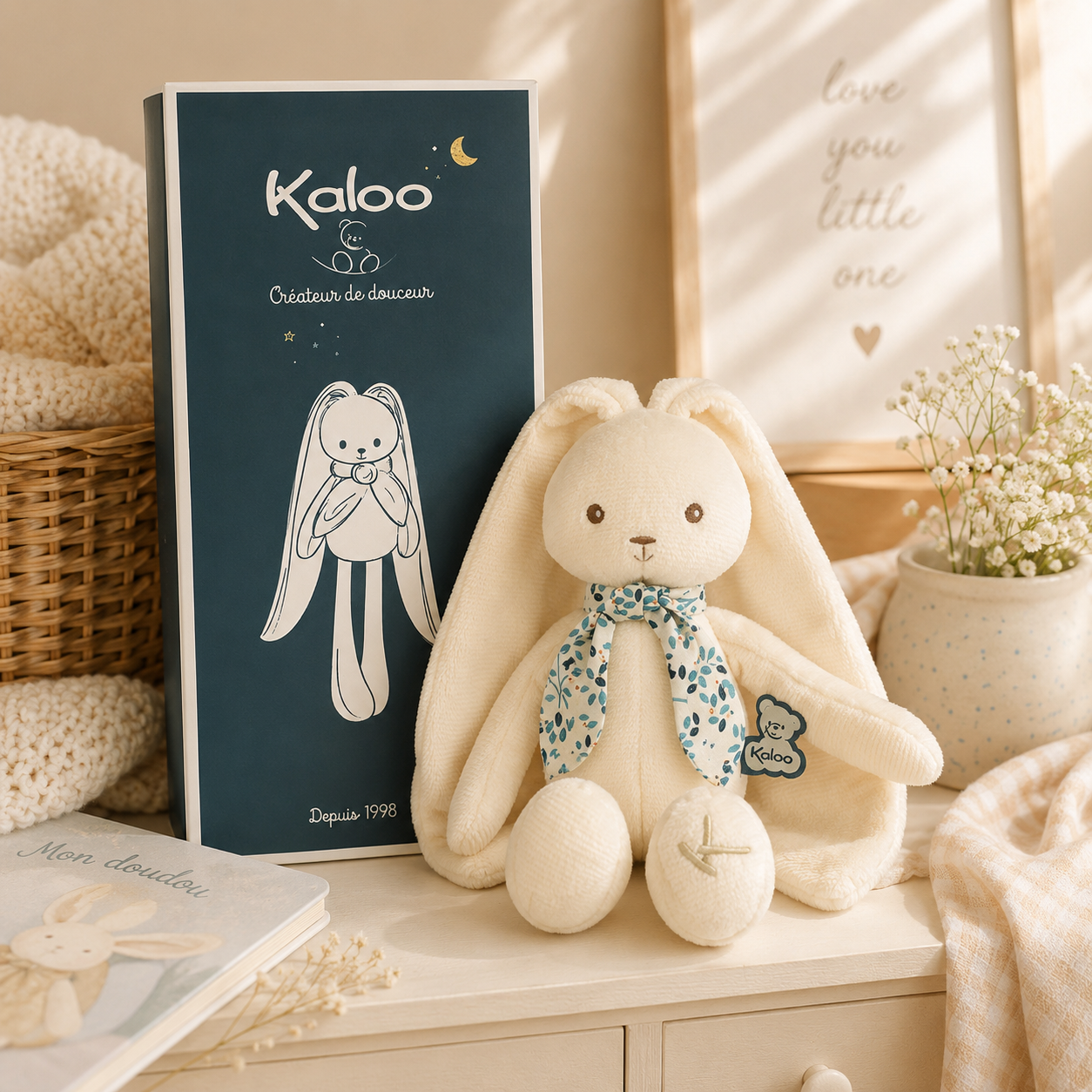 A cream-colored plush bunny toy with a blue floral bow sits next to its dark blue packaging box on a light wooden surface, styled in a warm, cozy nursery setting with a basket, blanket, and small potted flowers.