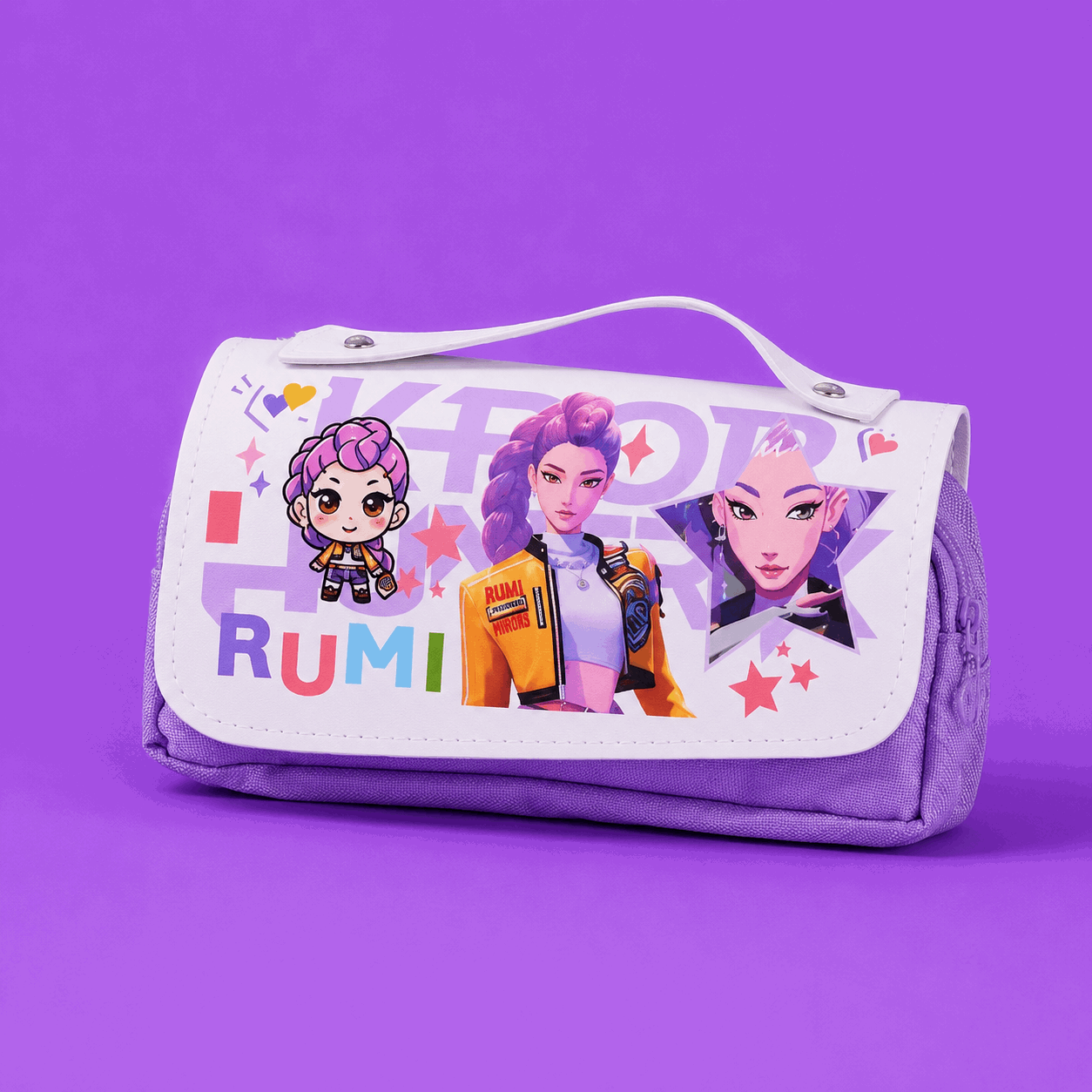 A purple and white zippered cosmetic pouch featuring cartoon and anime character graphics with the text 'KPOP RUMI' on a solid purple background.