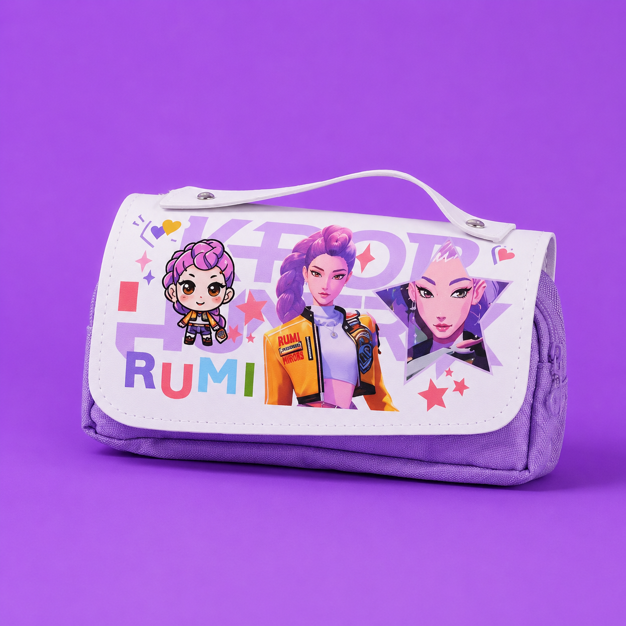 A purple and white zippered cosmetic pouch featuring cartoon and anime character graphics with the text 'KPOP RUMI' on a solid purple background.