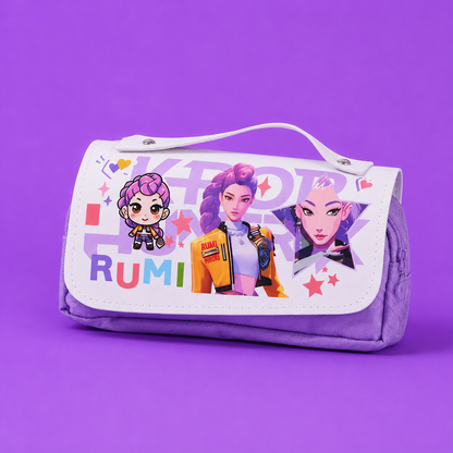 A purple and white zippered cosmetic pouch featuring cartoon and anime character graphics with the text 'KPOP RUMI' on a solid purple background.