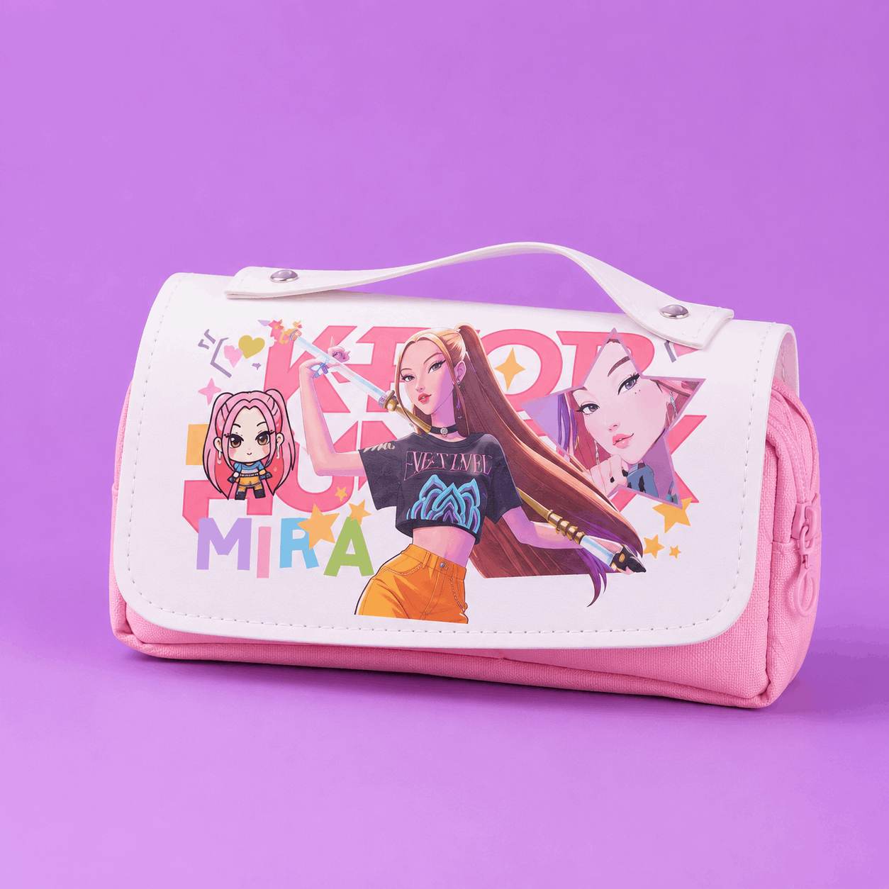 A pink and white zippered cosmetic pouch featuring anime character prints and the text 'K-pop Mirai' on a solid purple background.
