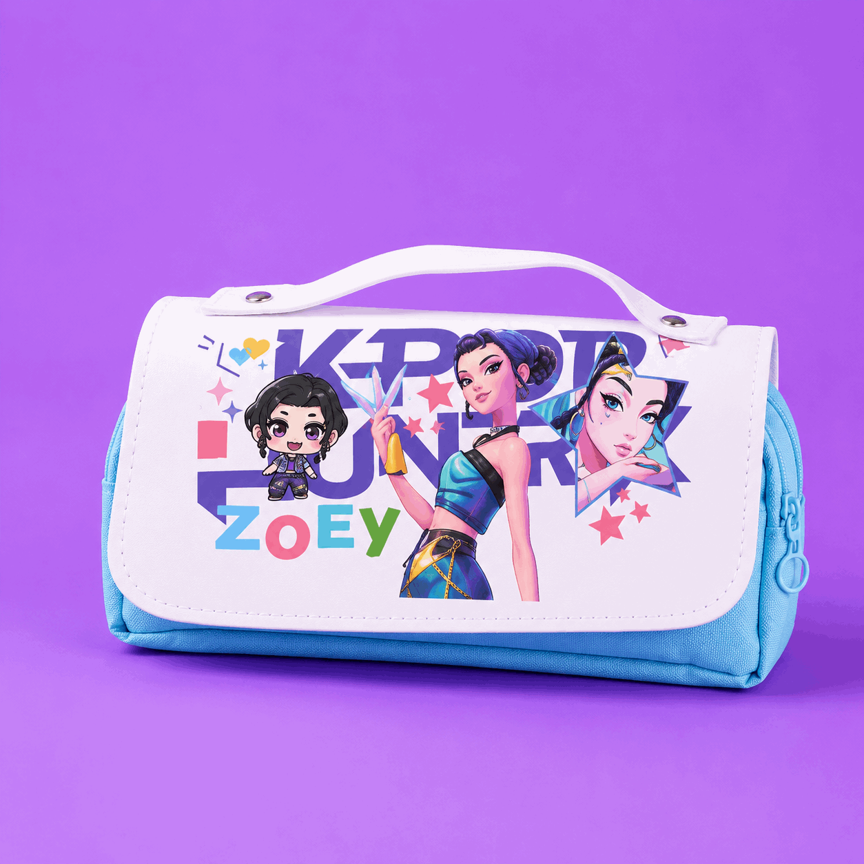 A light blue and white cylindrical cosmetic bag with a top handle, featuring colorful cartoon character graphics and the text 'KPOP FANNY ZOEY' on a solid purple background.