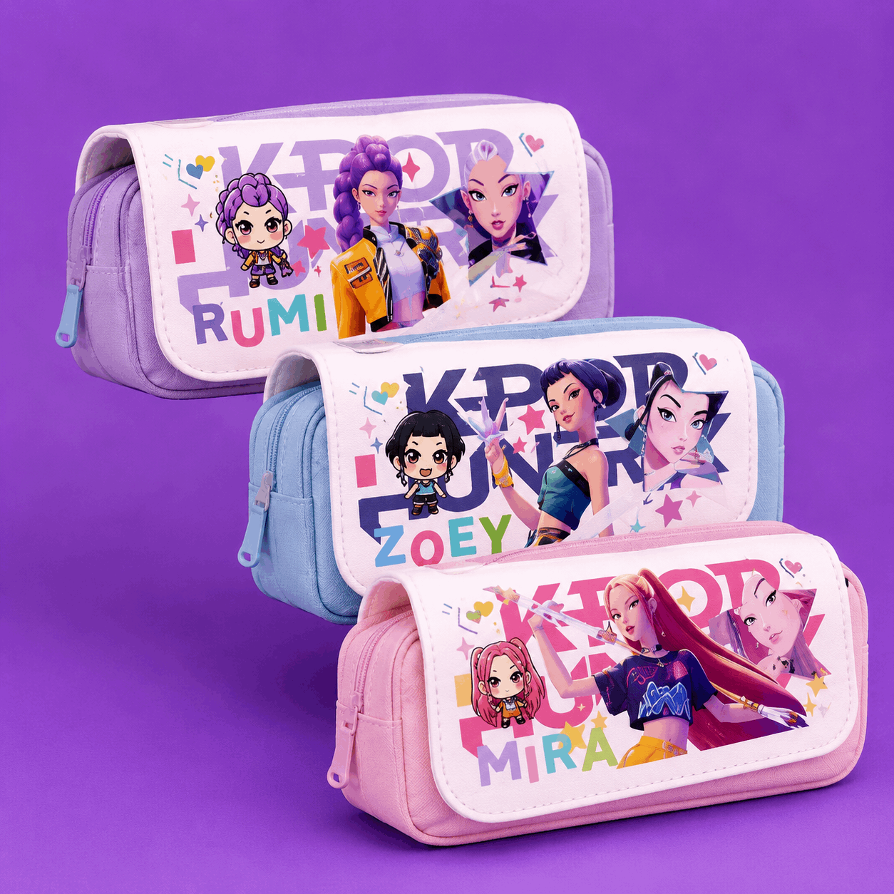 Three zippered pencil cases with colorful cartoon character prints and the text 'KPOP RUMI', 'KPOP ZOEY', and 'KPOP MIRA' on a purple background.
