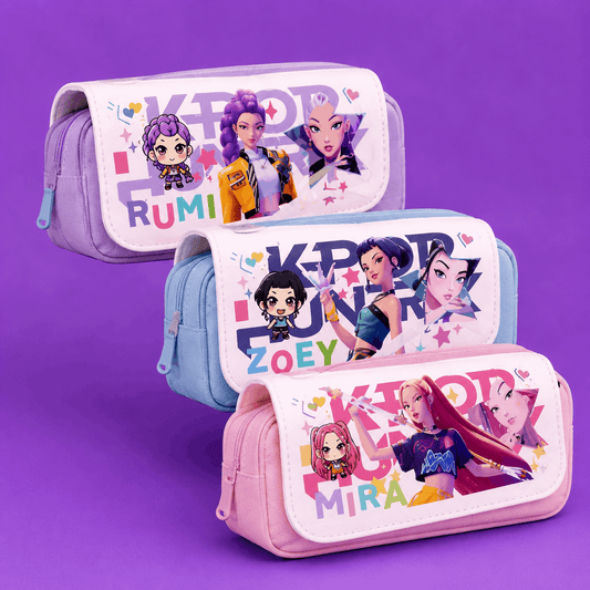 Three zippered pencil cases with colorful cartoon character prints and the text 'KPOP RUMI', 'KPOP ZOEY', and 'KPOP MIRA' on a purple background.