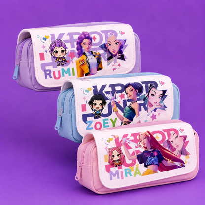 Three zippered pencil cases with colorful cartoon character prints and the text 'KPOP RUMI', 'KPOP ZOEY', and 'KPOP MIRA' on a purple background.