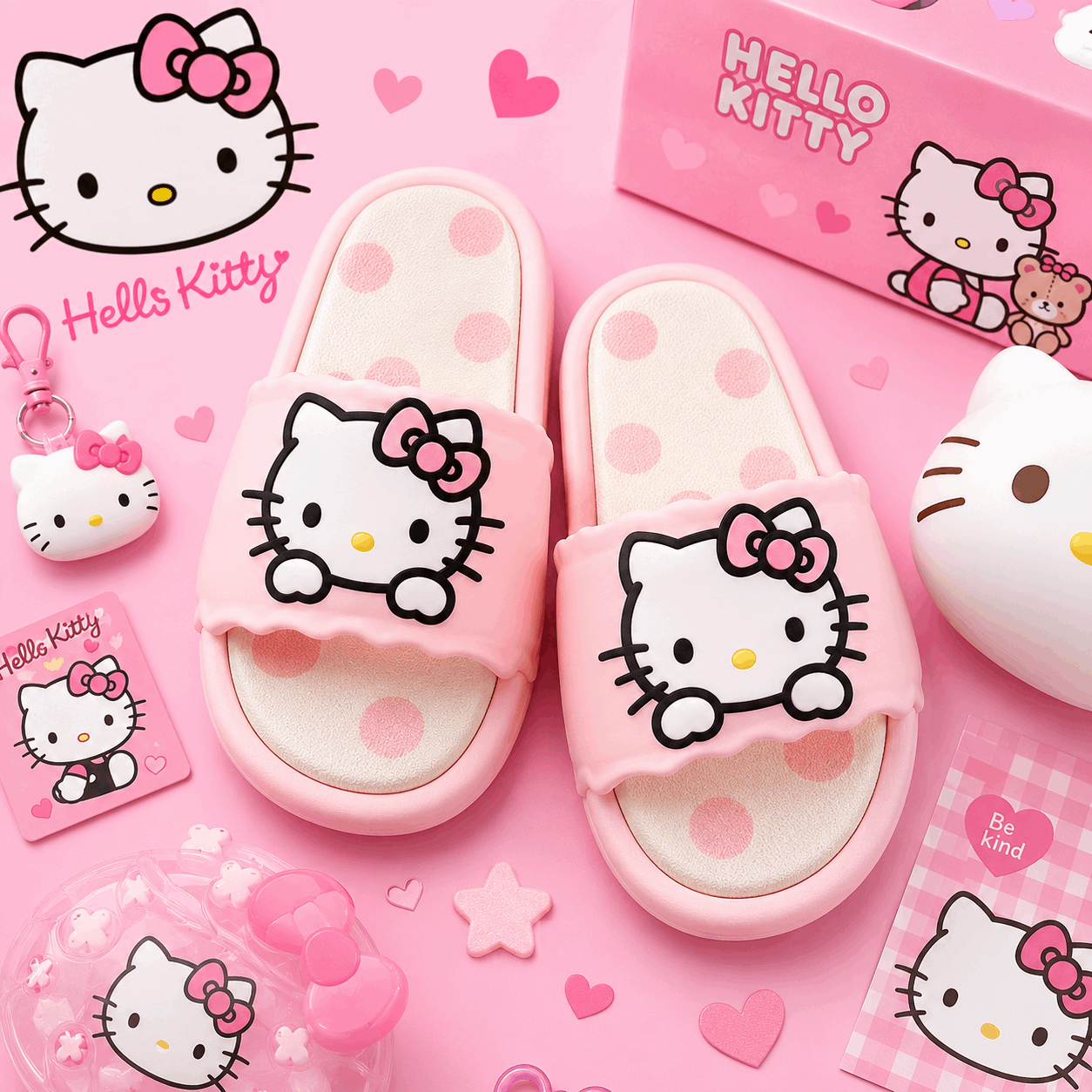 Pink Hello Kitty slide sandals with large Hello Kitty face graphics on the straps, shown with matching Hello Kitty packaging and accessories on a pink background.