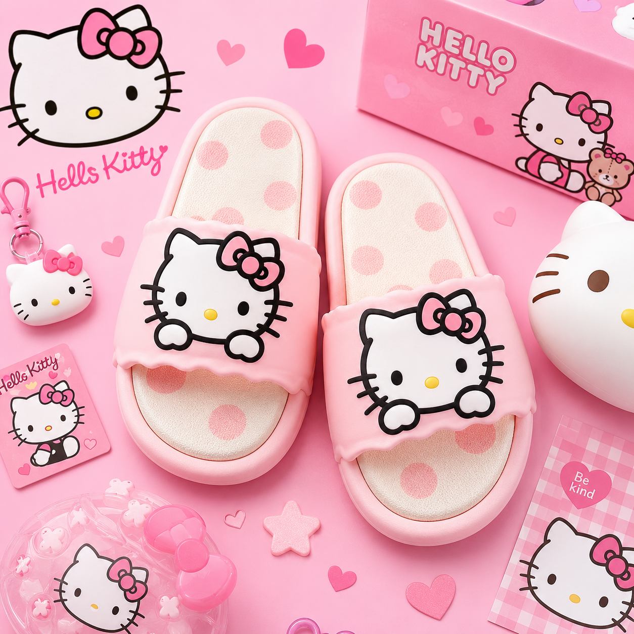Pink Hello Kitty slide sandals with large Hello Kitty face graphics on the straps, shown with matching Hello Kitty packaging and accessories on a pink background.
